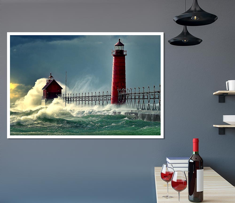 Lighthouse Stormy Sea Print Poster Wall Art