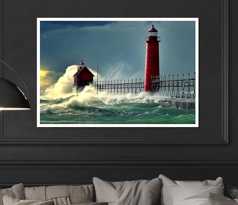 Lighthouse Stormy Sea Print Poster Wall Art