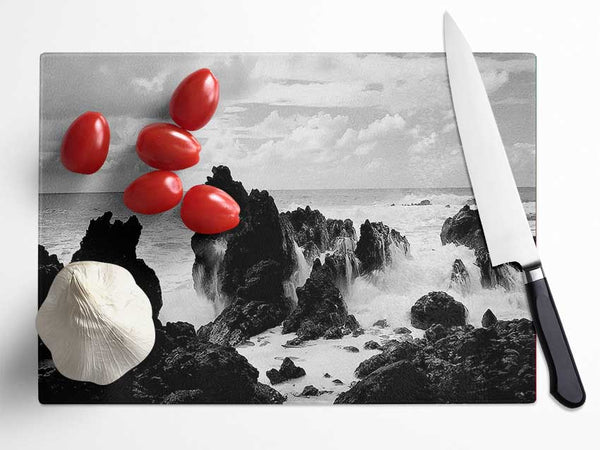 Crashing Waves Over Rocks B n W Glass Chopping Board