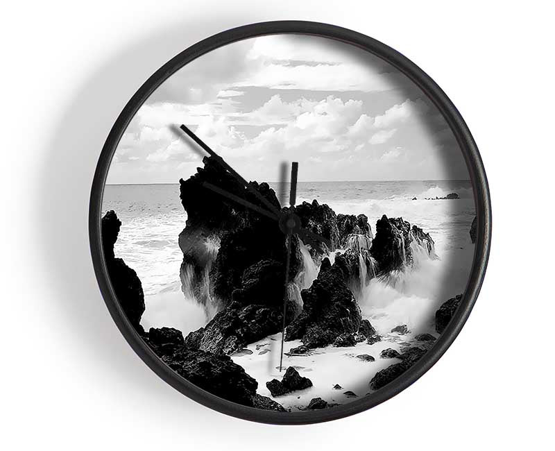 Crashing Waves Over Rocks B n W Clock - Wallart-Direct UK