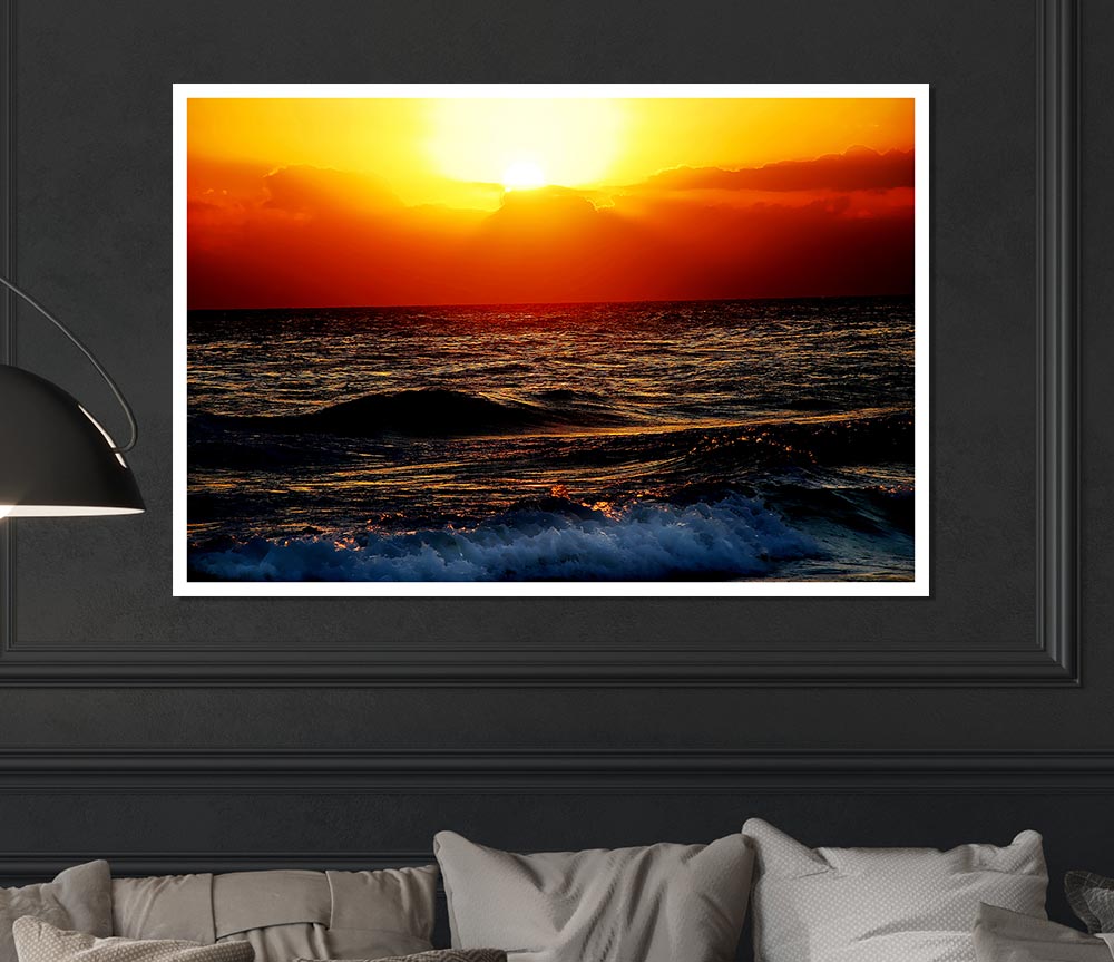 Blazing Sun Over The Crystal Ocean Print Poster Wall Art