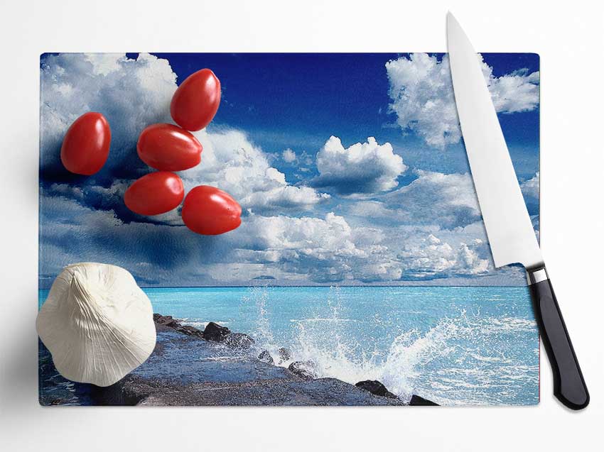 Gentle Waves Crashing In The Cloud Filled Sky Glass Chopping Board