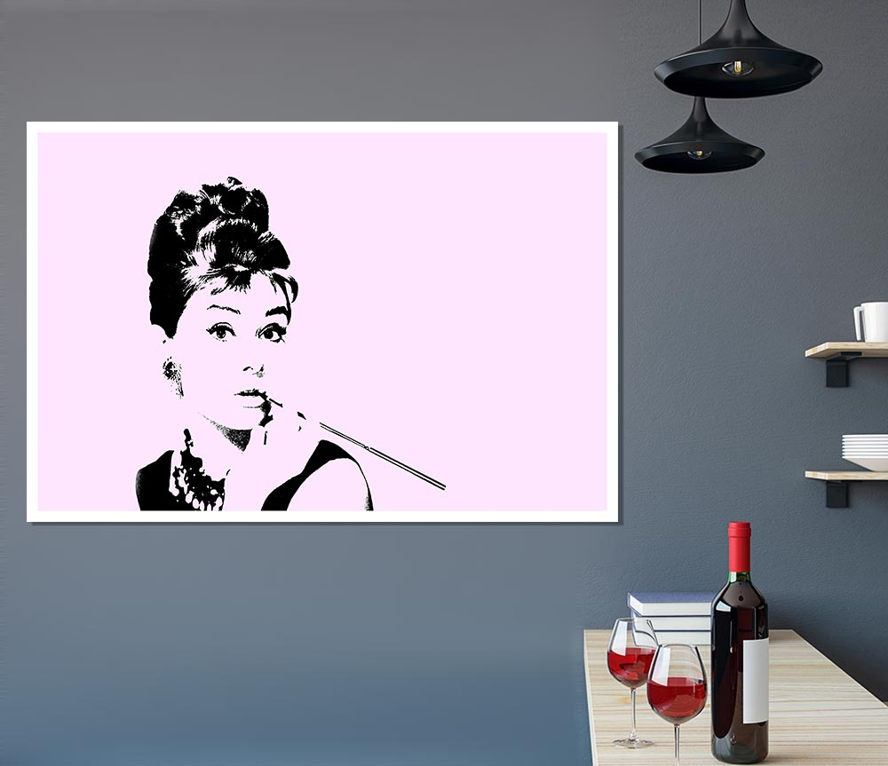 Audrey Hepburn Cigarette Pose Pink Print Poster Wall Art