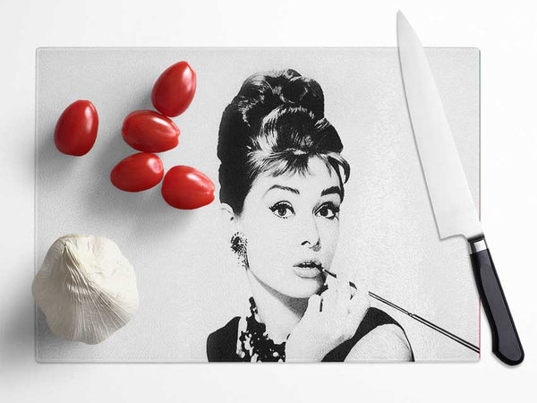 Audrey Hepburn Cigarette Pose White Glass Chopping Board