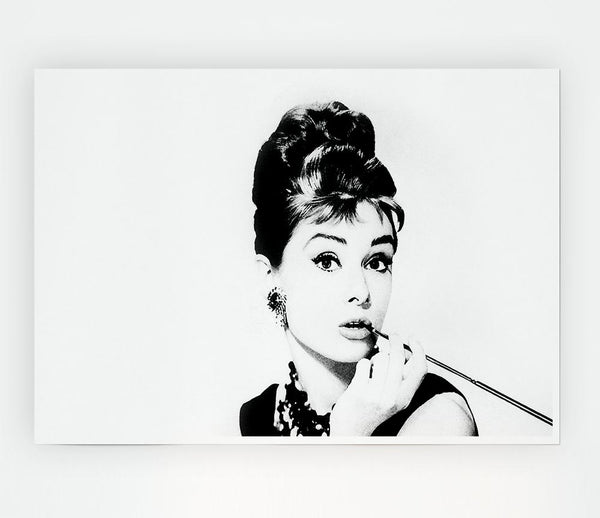 Audrey Hepburn Cigarette Pose White Print Poster Wall Art