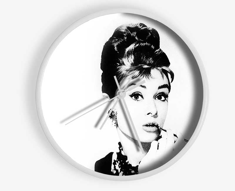 Audrey Hepburn Cigarette Pose White Clock - Wallart-Direct UK