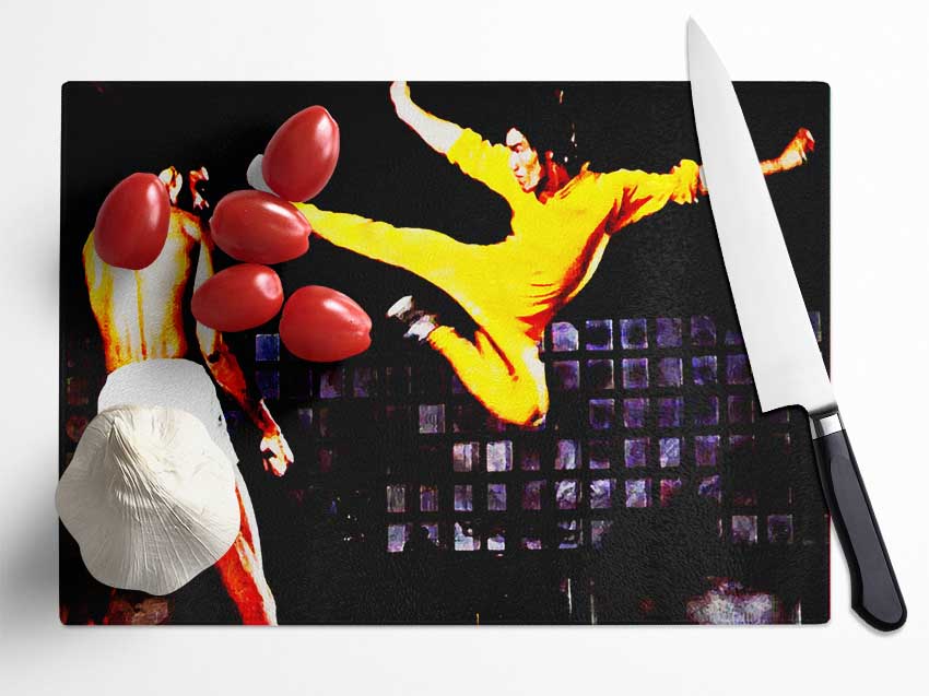 Bruce Lee Flying Kick Glass Chopping Board