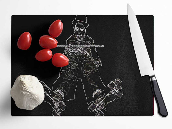 Charlie Chaplin White On Black Glass Chopping Board