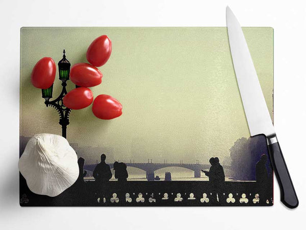 People On Misty Bridge Glass Chopping Board