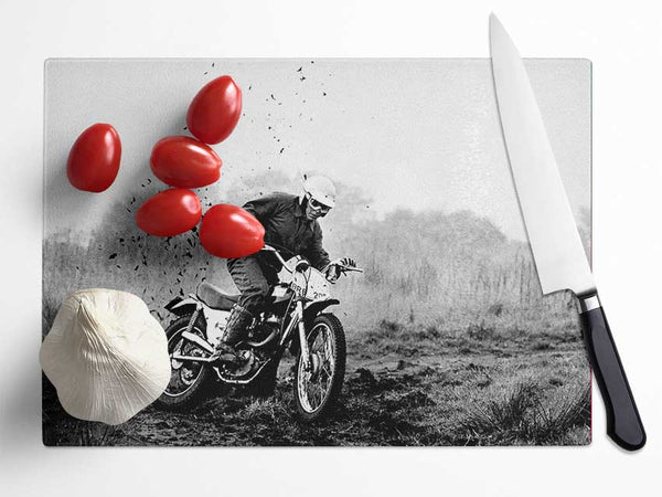 Motor Bike In The Mud B n W Glass Chopping Board