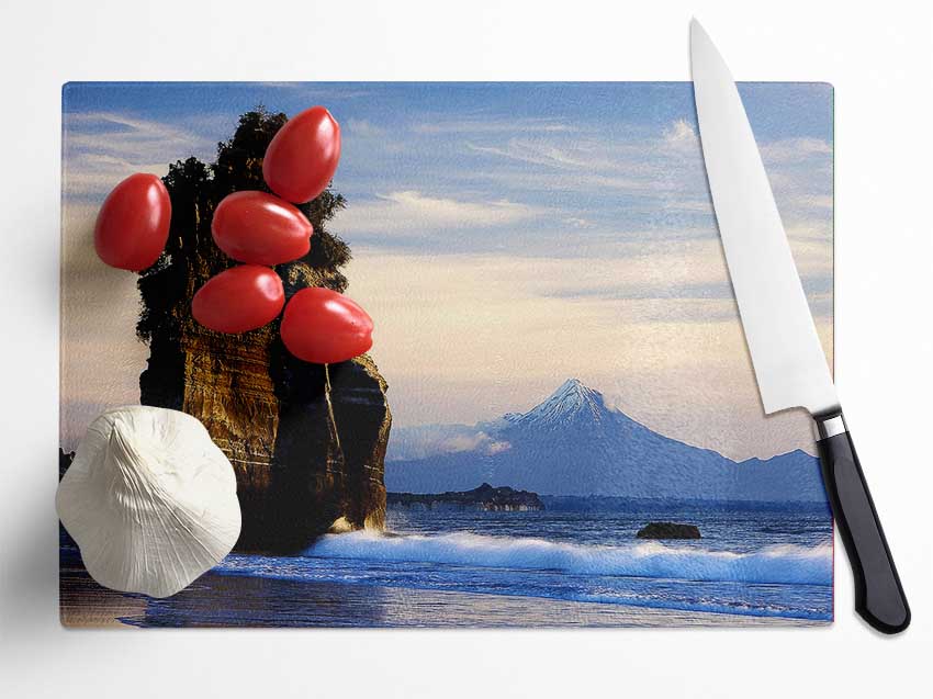 New Zealand Beach Mount Taranaki View Glass Chopping Board