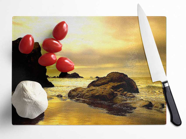 Rocky Beach At Yellow Dawn Glass Chopping Board