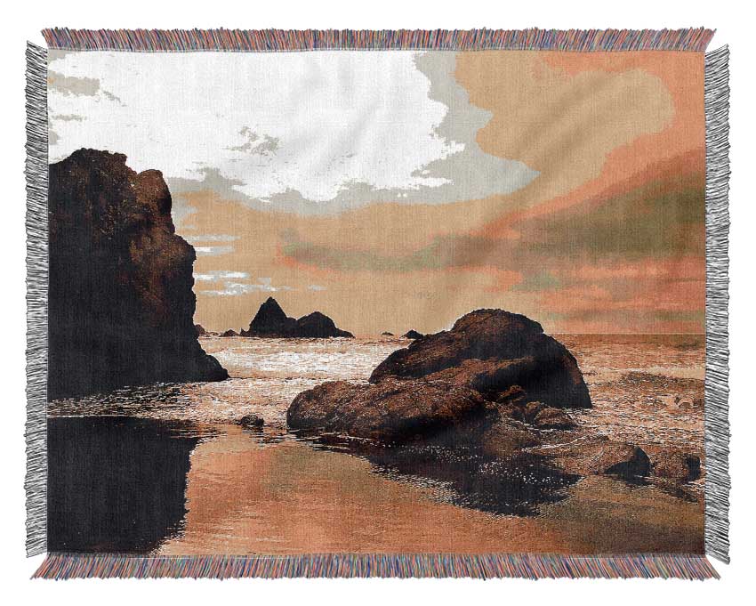 Rocky Beach At Yellow Dawn Woven Blanket