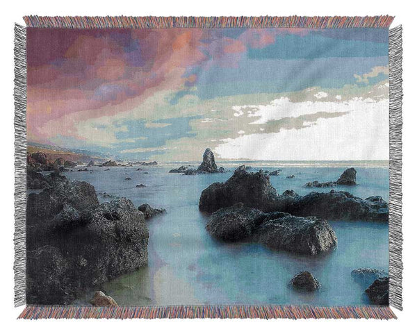 Pink Clouds Over The Morning Ocean Woven Blanket