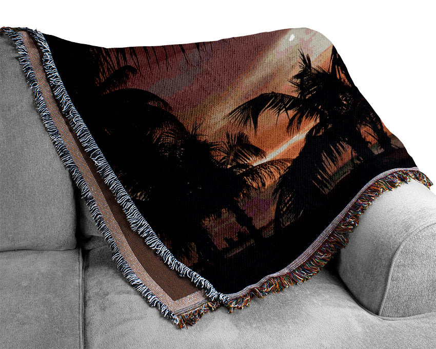 Palm Trees On The Beach Sunset Woven Blanket