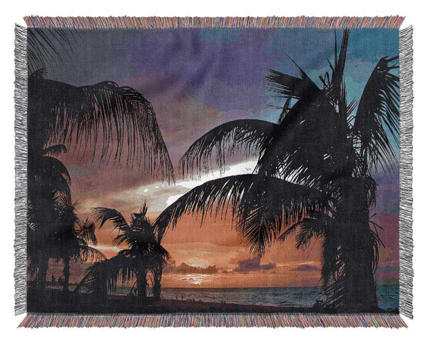 Palm Trees On The Beach Sunset Woven Blanket