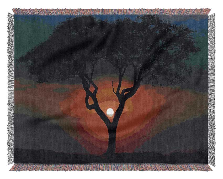 Beautiful Red Sunset Between The Tree Woven Blanket