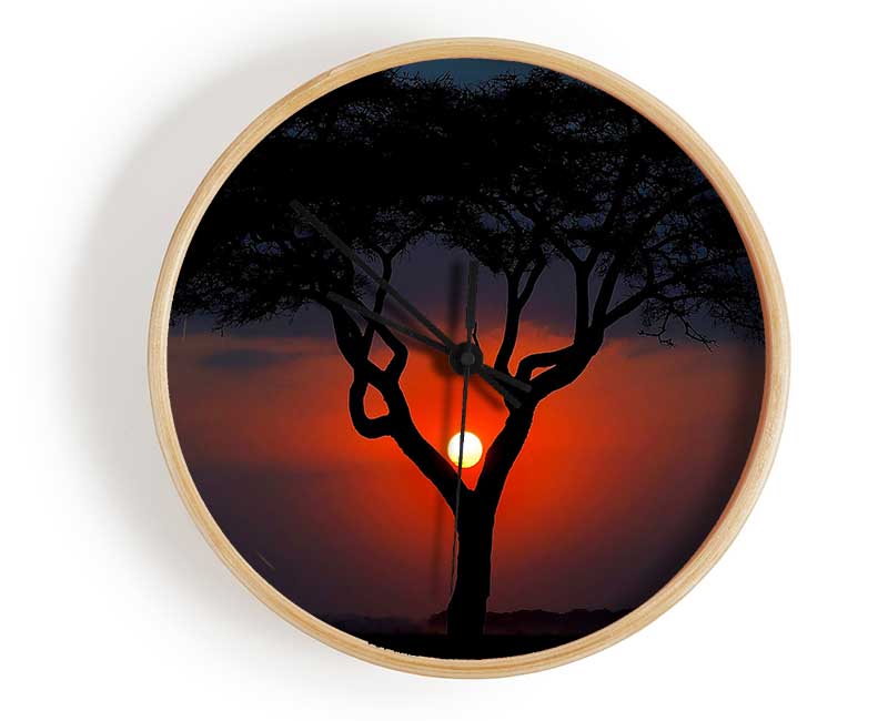 Beautiful Red Sunset Between The Tree Clock - Wallart-Direct UK