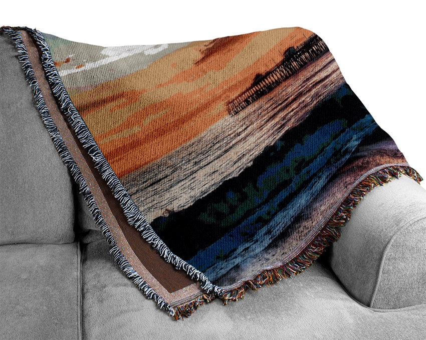 Pier Sunset Ocean Woven Blanket