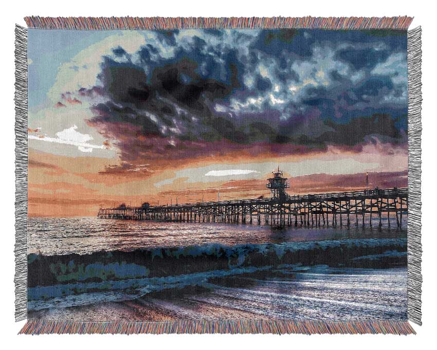 Pier Sunset Ocean Woven Blanket