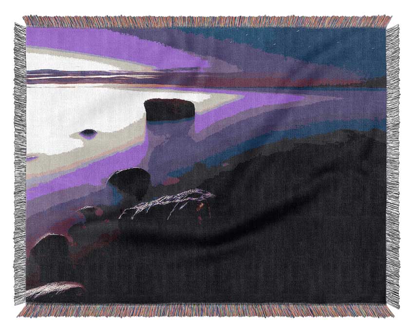 Foggy Purple Shore At Sunset Woven Blanket