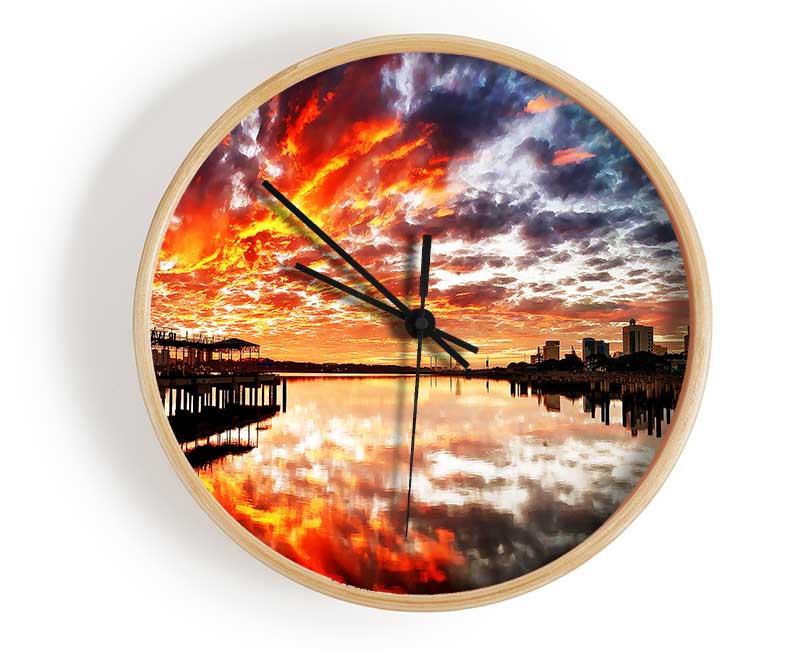 Fire Sky Ocean Reflection Clock - Wallart-Direct UK