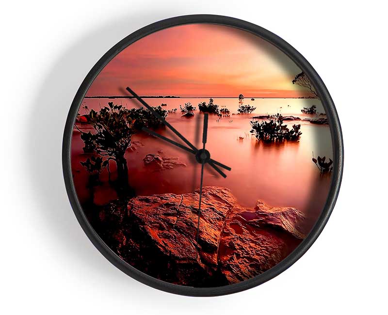 Tranquil Pink Ocean Trees Clock - Wallart-Direct UK