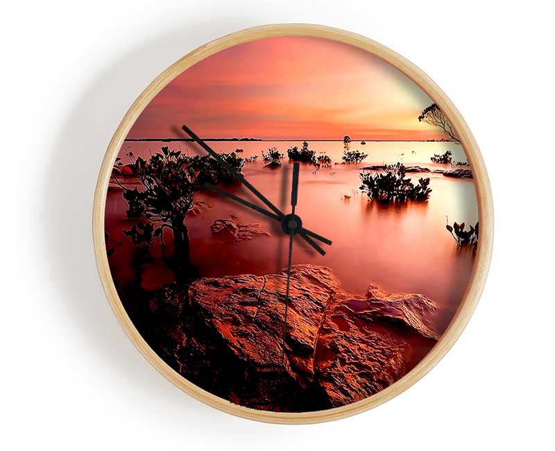 Tranquil Pink Ocean Trees Clock - Wallart-Direct UK