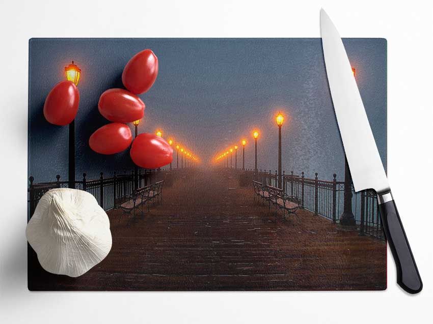 Foggy Pier Night Walk Glass Chopping Board