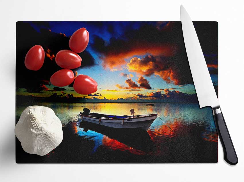 Sunrise Over The Fishing Boat Glass Chopping Board