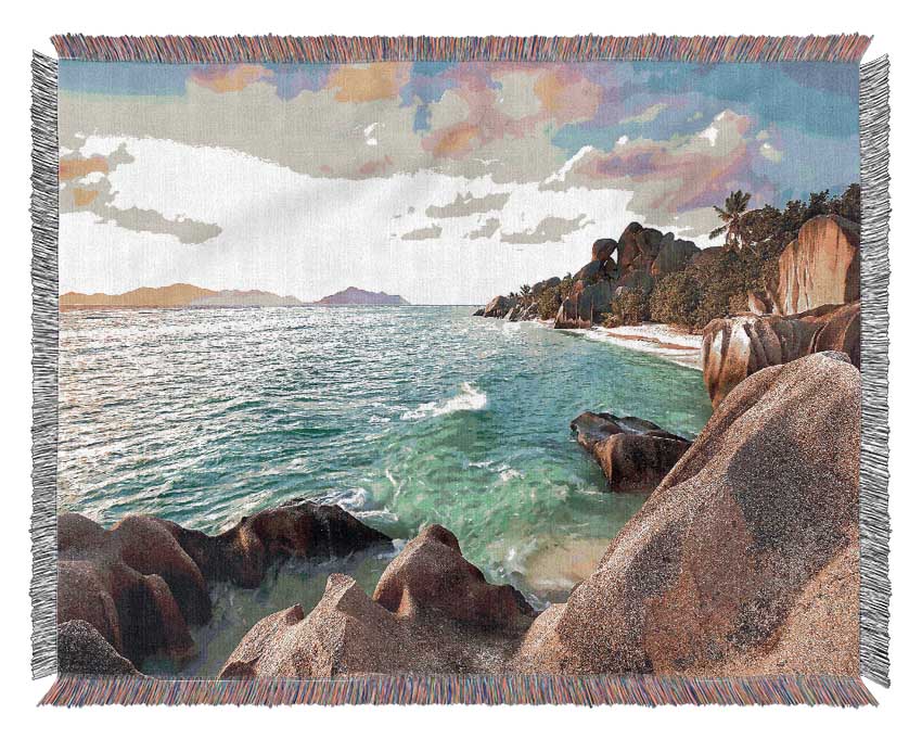 La Digue Beach Seychelles Woven Blanket