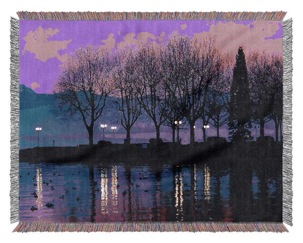 Surreal Pink Skies Over The Purple Lake Woven Blanket