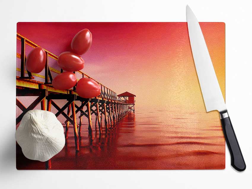 Tranquil Ocean Pier Pink Glass Chopping Board