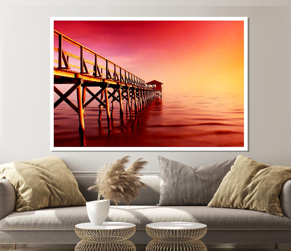 Tranquil Ocean Pier Pink Print Poster Wall Art