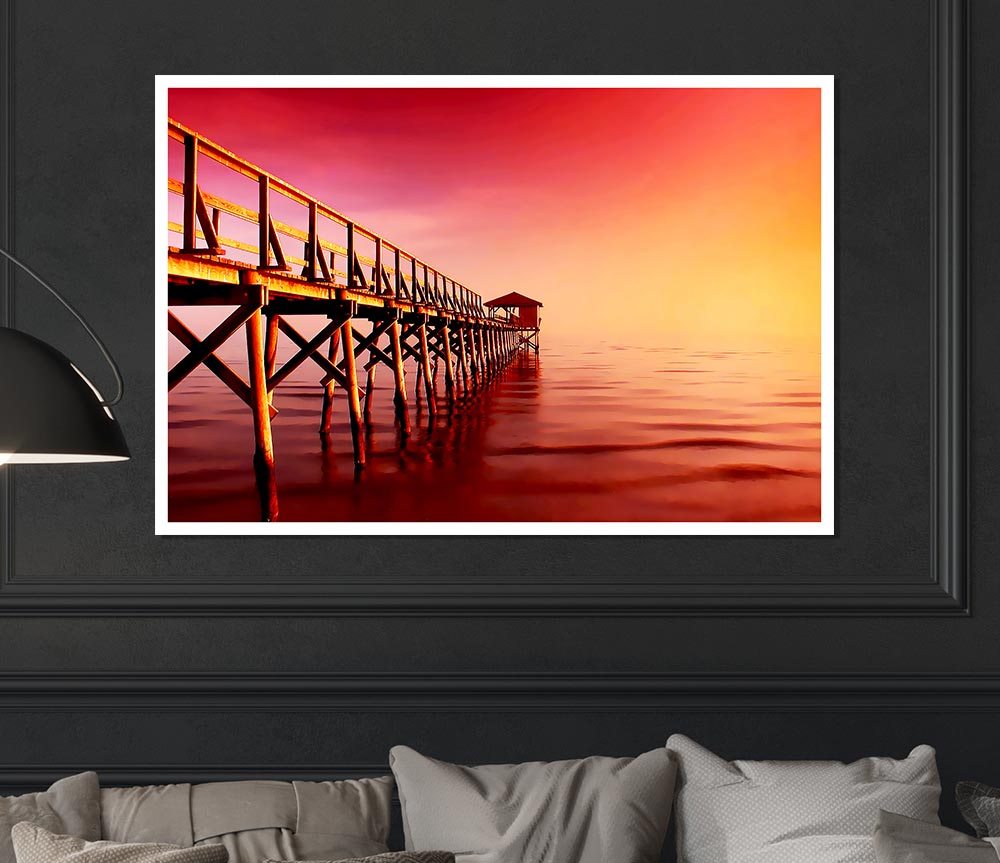 Tranquil Ocean Pier Pink Print Poster Wall Art