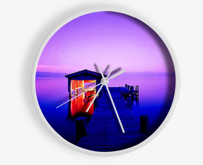 Tranquil Lake Boat House Purple Clock - Wallart-Direct UK