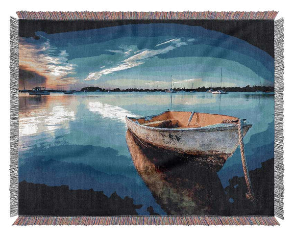 Rustic Rowing Boat Reflections Woven Blanket