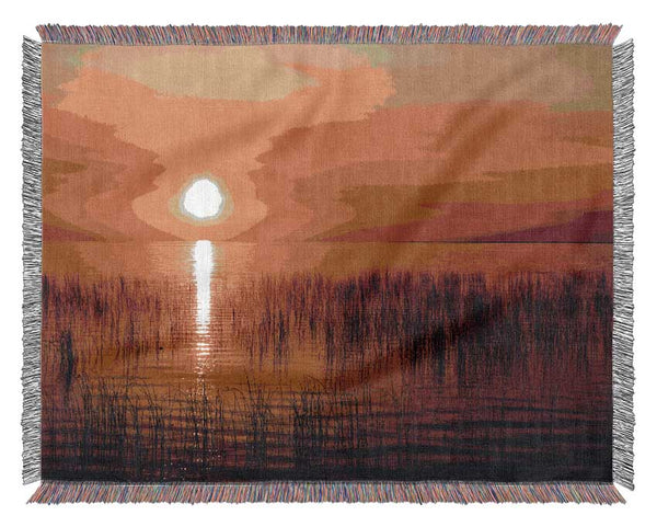 Sunset Over The Oceans Reeds Woven Blanket