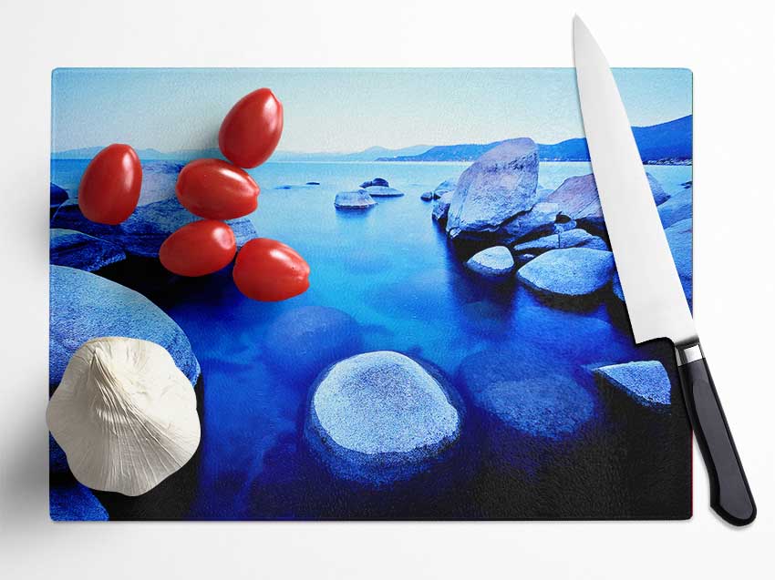 Blue Tranquil Ocean Rocks Glass Chopping Board