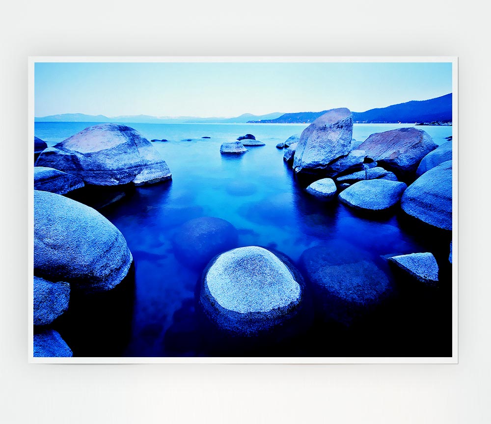 Blue Tranquil Ocean Rocks Print Poster Wall Art