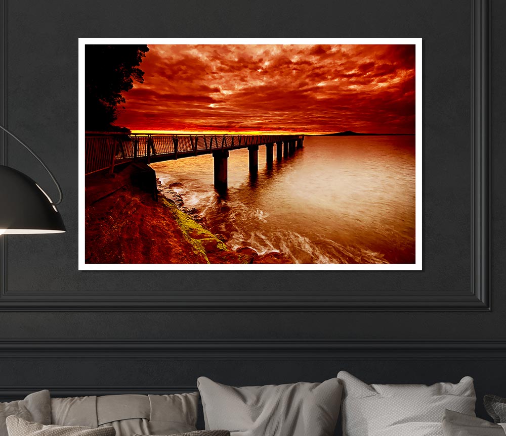 Bridge Over The Ocean Orange Print Poster Wall Art