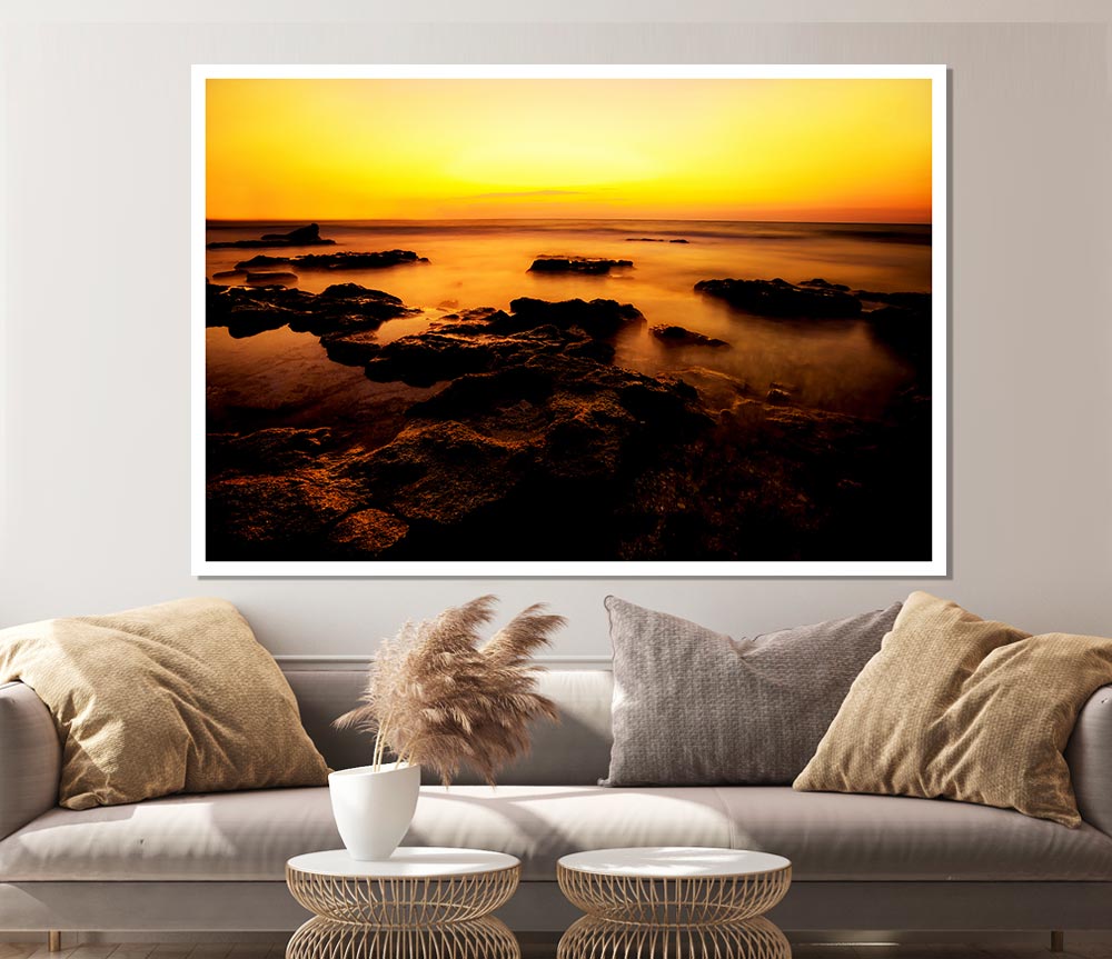 Yellow Sunset Rocks Print Poster Wall Art