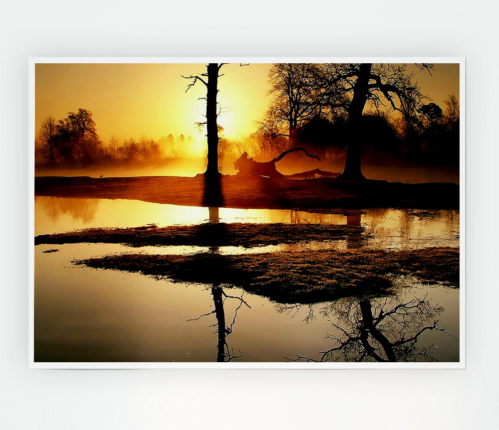 Golden Lake Sunset Print Poster Wall Art