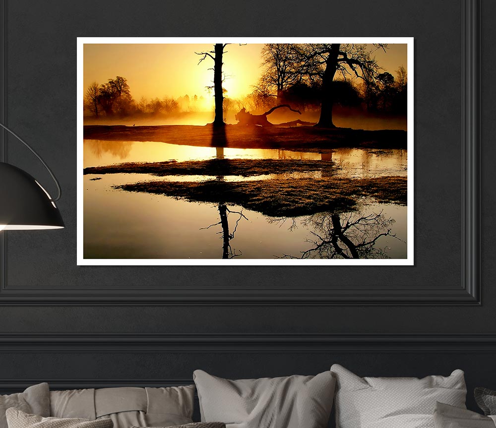 Golden Lake Sunset Print Poster Wall Art