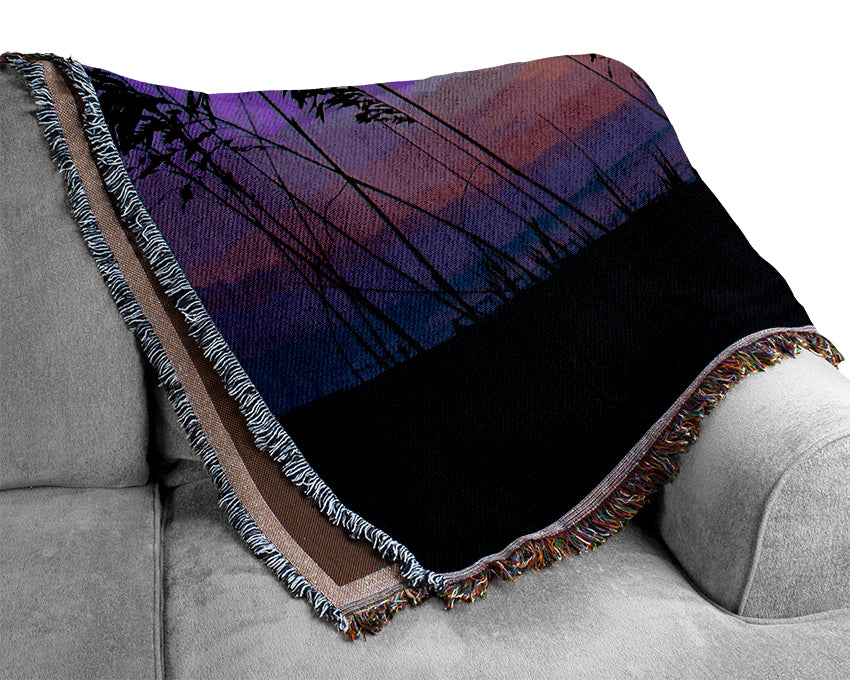 Red Sunset Over The Purple Lake Woven Blanket