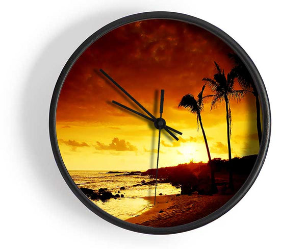 Ochre Palmtree Ocean Clock - Wallart-Direct UK