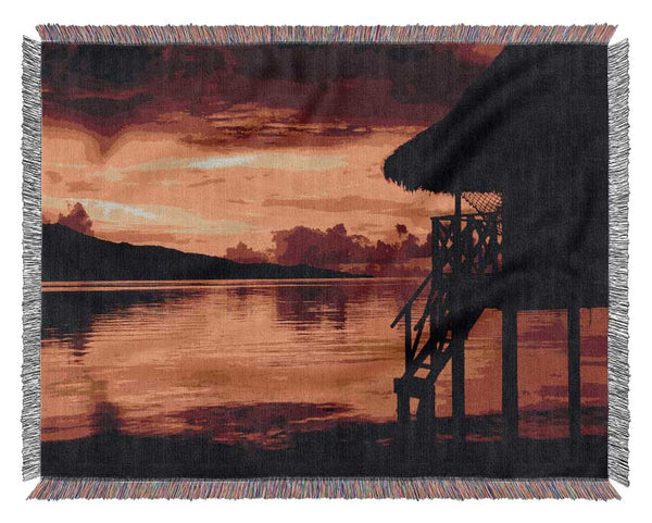 Red Beach Hut Ocean Woven Blanket