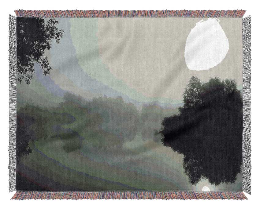 Misty Moonlit River B n W Woven Blanket