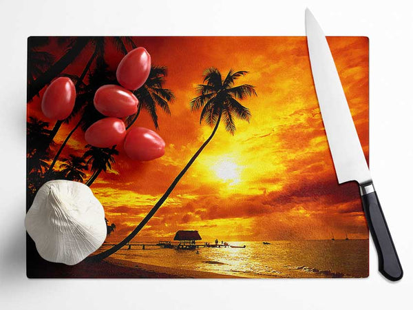 Paradise Palm Tree Hut Glass Chopping Board