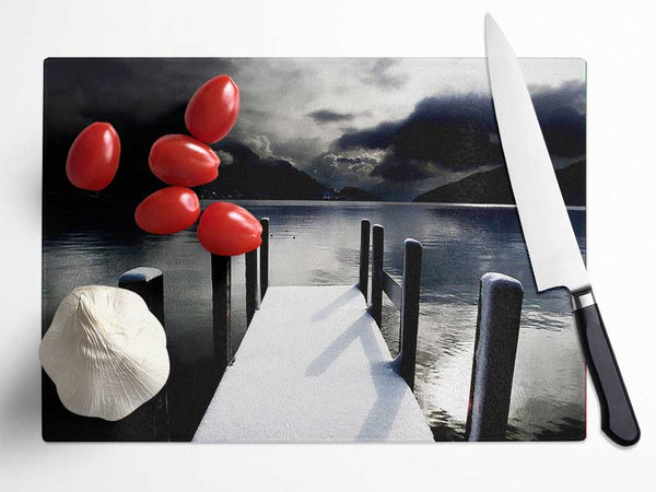 Tranquil Mountain View Lake Side Glass Chopping Board